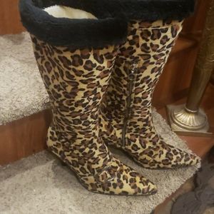Ladies Faux fur Animal Print Pointy Toe Boots 9M